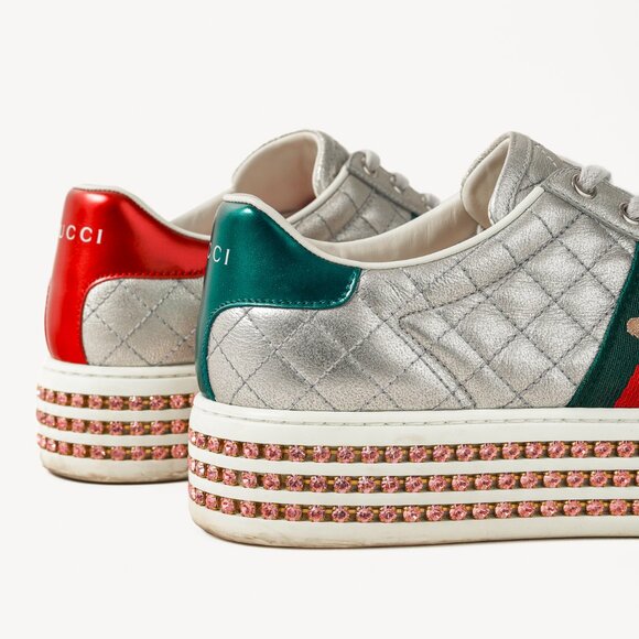 Gucci Ace Silver Quilted-Leather Bee-Webbing Crystal-Platform Sneakers - Picture 10 of 14